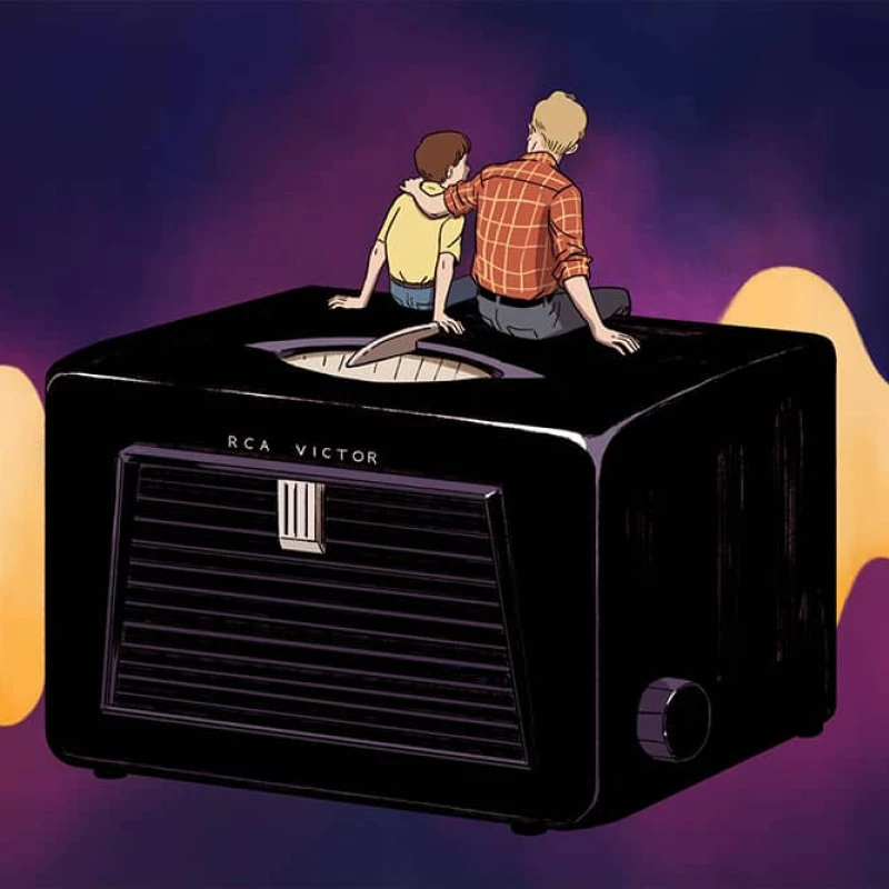 Illustration of a father and son sitting on a large, old-fashioned radio.. Illustration by Chuan Ming Ong, Conceptual, 