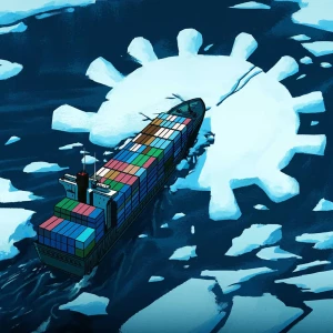 Illustration of a container ship plowing into an iceberg shaped like a cog.. Illustration by Chuan Ming Ong, Business, Conceptual, 