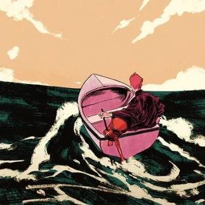 Illustration of a person in a black robe sailing a small boat with an outboard motor that is shaped like a gavel.. Illustration by Chuan Ming Ong, Conceptual, 