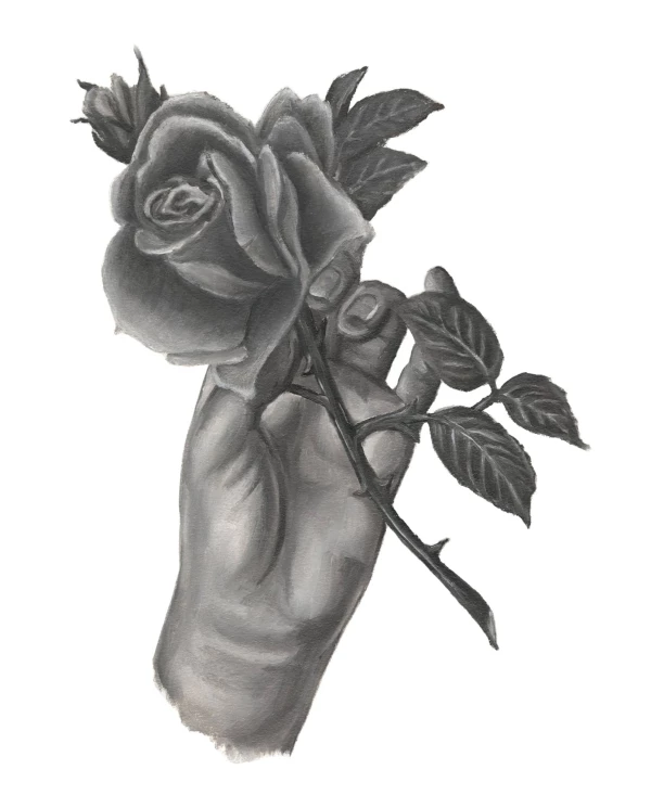 Black and white illustration of a hand holding a rose