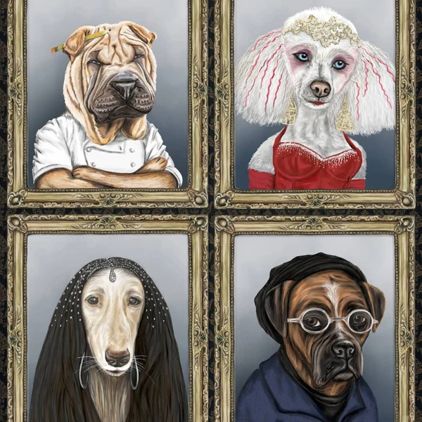 Illustration of 4 framed portraits of dogs who look like celebrities