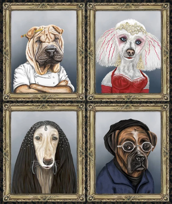 Illustration of 4 framed portraits of dogs who look like celebrities