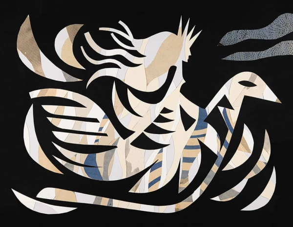 Abstract illustation of a crowned woman riding a large bird