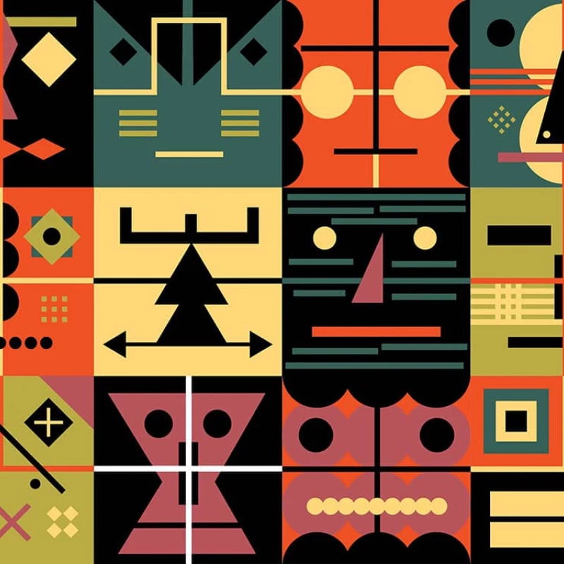 Abstract pattern of geometric faces. Illustration by Daniel Bueno, Decorative, Whimsical, 