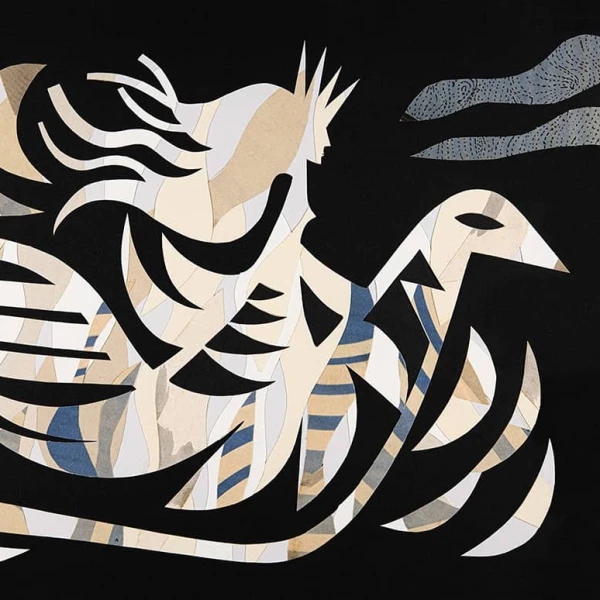 Abstract illustation of a crowned woman riding a large bird