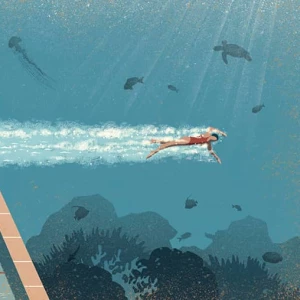 Illustration of a person swimming in a pool and breaking through the wall and swimming in the ocean. Illustration by Davide Bonazzi, Conceptual, 