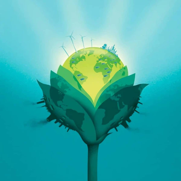 Illustration of a budding plant where the old leaves have polluting buildings and the inner petals are wind power and clean energy