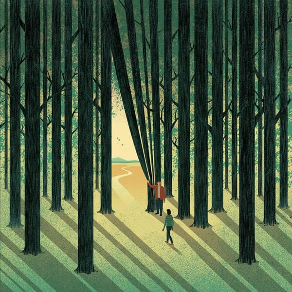 Illustration of two people in a dense forest and one person is pulling the trees back like a curtain showing a new path