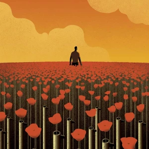 Illustration of a lone figure in a field of rifles that have poppies growing out of the barrels. Illustration by Davide Bonazzi, Conceptual, 