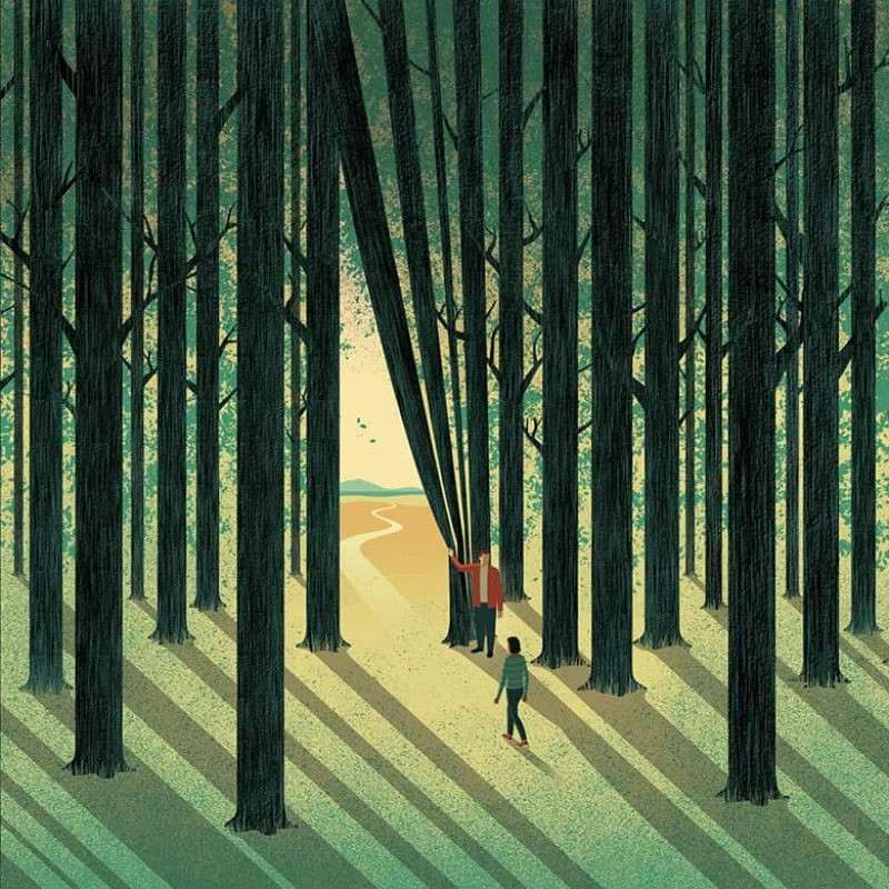 Illustration of two people in a dense forest and one person is pulling the trees back like a curtain showing a new path. Illustration by Davide Bonazzi, Conceptual, 