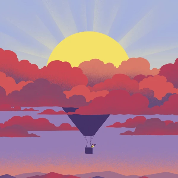 Illustration of a hot air balloon that is obscured by clouds. The top half is revealed as the sun shining.
