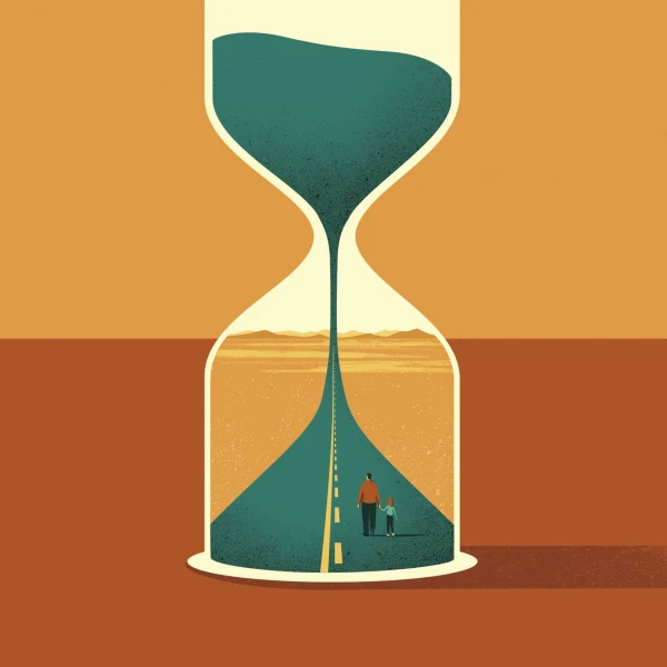 Illustration of a hourglass with the sand pouring into a scene of a road with two people