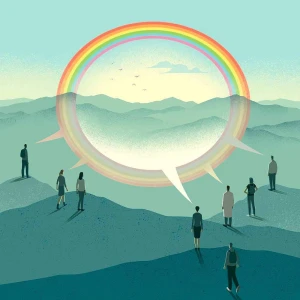 Illustration of a group of people standing outside and each are speaking, creating a large speech bubble outlined by a rainbow. Illustration by Davide Bonazzi, Conceptual, 