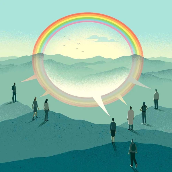 Illustration of a group of people standing outside and each are speaking, creating a large speech bubble outlined by a rainbow. Illustration by Davide Bonazzi, Conceptual, 