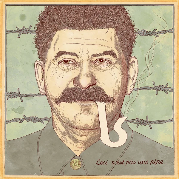 Illustration of Joseph Stalin Smoking an abstract pipe. Below is written, Ceci n'est pas une pipe.