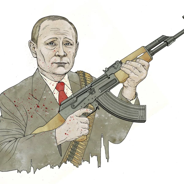 Illustration of Putin, carrying an automatic weapons, covered in blood splatter