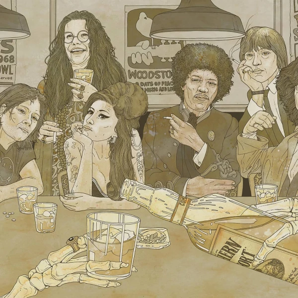 Illustration of various singers who died at age 27, sitting at a table while a pair of skeletal hands pours a glass of Southern Comfort