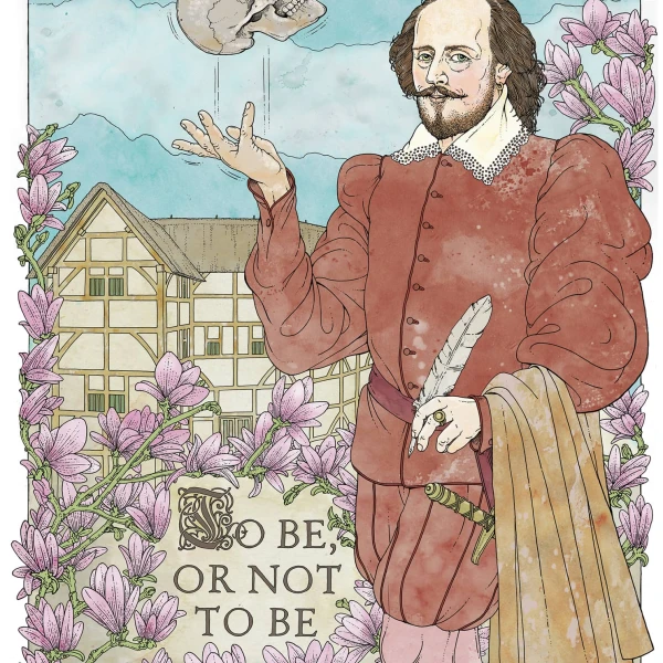 Illustration of Shakespeare, cavalierly tossing a skull in the air, standing in front of a Tudor house, with To Be or Not To Be inscribes in the landscape