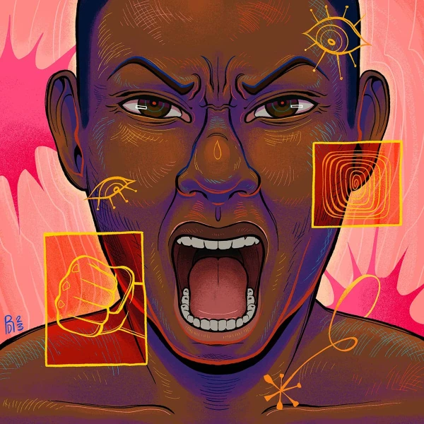 Illustration of a closesup of a Black person yelling with a vibrant background and decorative elements like eyes, spirals and a fist