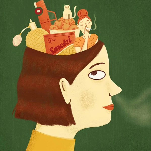 Illustration of a woman with the top of her head open and full of random items including a perfume bottle, a cat, a car and a person smoking