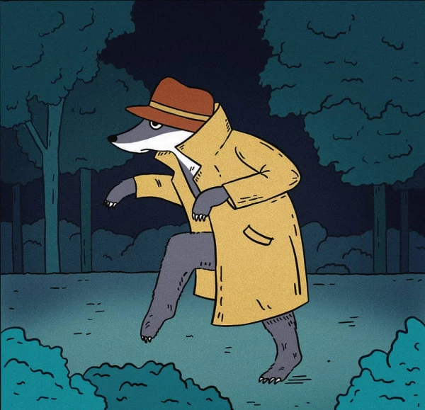 Illustration of a badger wearing a trenchcoat and hat and is tip-toeing outside at night.