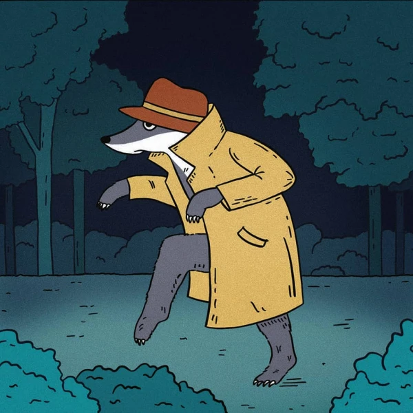 Illustration of a badger wearing a trenchcoat and hat and is tip-toeing outside at night.