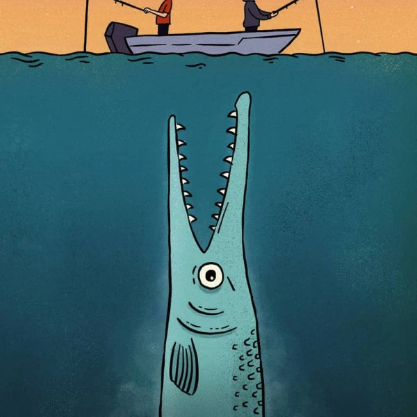 Illustration of two men on a boat fishing, neither realizing that there is a giant fish about to eat them.