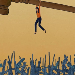 Illustration of a woman hanging from a giant gavel about a large pile of semi-automatic rifles.. Illustration by Drue Wagner, Conceptual, 