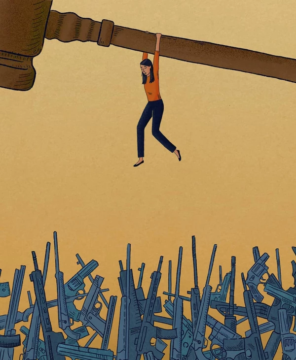 Illustration of a woman hanging from a giant gavel about a large pile of semi-automatic rifles.