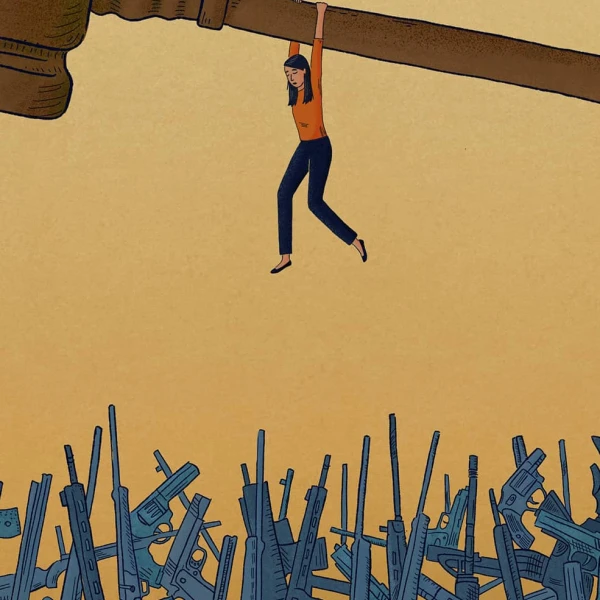 Illustration of a woman hanging from a giant gavel about a large pile of semi-automatic rifles.