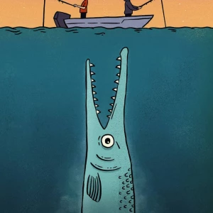 Illustration of two men on a boat fishing, neither realizing that there is a giant fish about to eat them.. Illustration by Drue Wagner, Conceptual, Whimsical, 