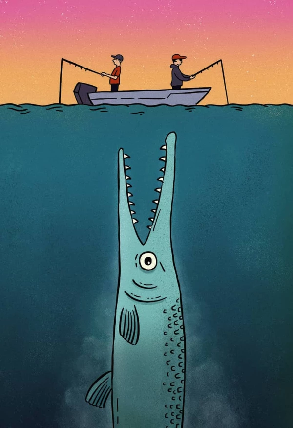 Illustration of two men on a boat fishing, neither realizing that there is a giant fish about to eat them.