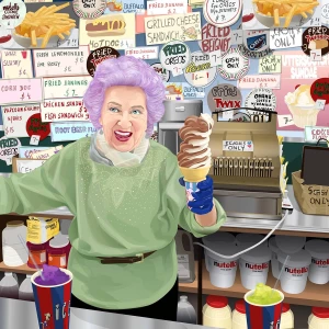 Image of an older woman with purple hair holding a soft-servce ice cream in RayÆs Candy Store. Illustration by Ellen Marello, Whimsical, Lifestyle, Figurative, Portrait, 