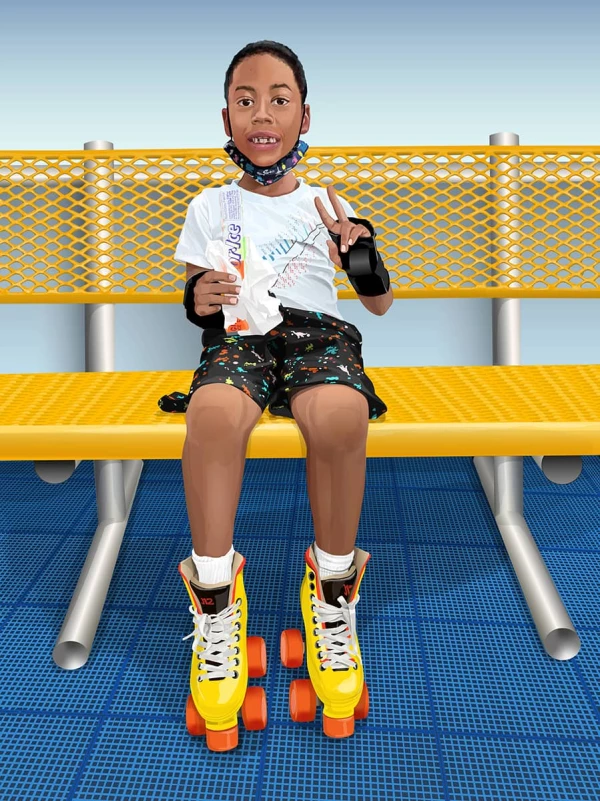 Image of a young boy who is wearing rollerblades, and is eating a iced treat, and flashing the peace sign.