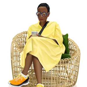 Image of a stylish Black woman sitting in a wicker chair, looking at her phone.. Illustration by Ellen Marello, Lifestyle, Figurative, Portrait, 