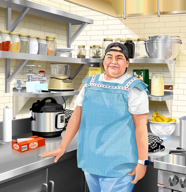 Digital image of a young, smiling woman standing in a commercial kitchen.