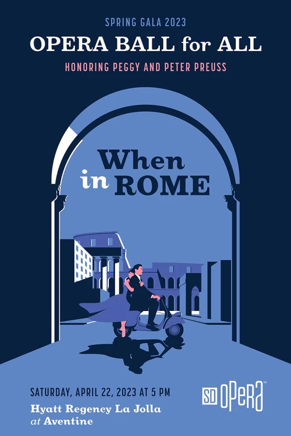 Poster for a gala for the opera. Illustration of a man and a woman driving a vespa through Rome.