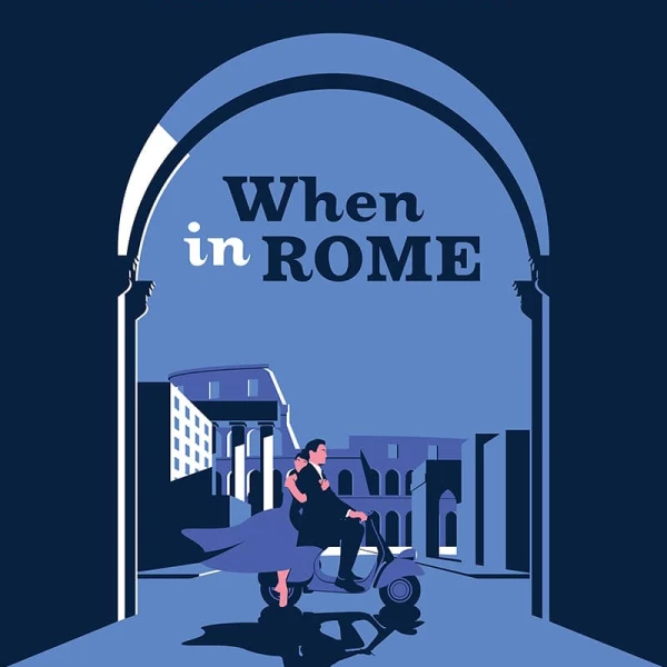 Poster for a gala for the opera. Illustration of a man and a woman driving a vespa through Rome.