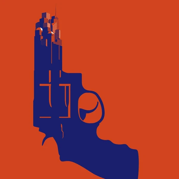 Graphic illustration of a silhouette of a gun with the barrel morphing into a cityscape.