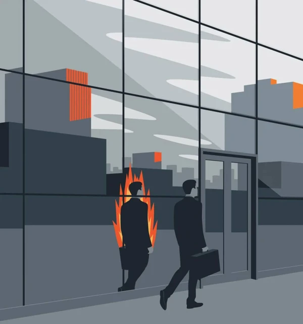 Illustration of a business man carrying a suitcase and the building is reflecting him on fire.. Illustration by Federico Gastaldi, Business, Conceptual, 