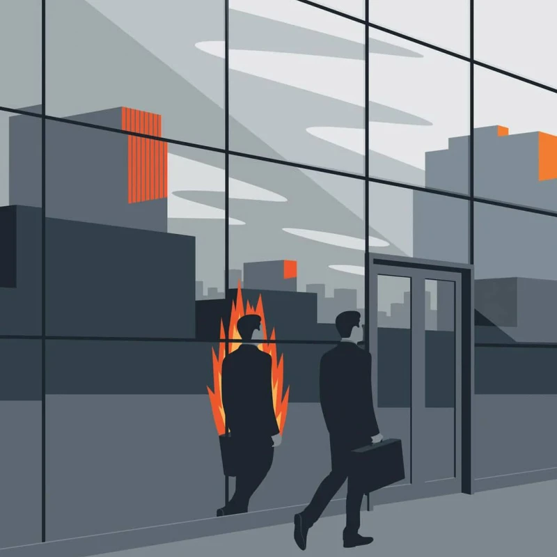 Illustration of a business man carrying a suitcase and the building is reflecting him on fire.. Illustration by Federico Gastaldi, Business, Conceptual, 