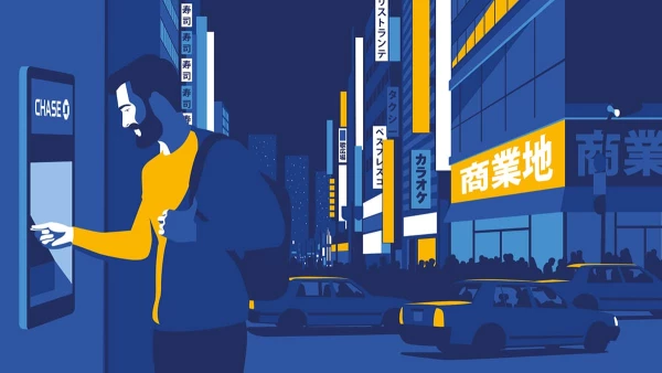 Graphic illustration of a man using a Chase ATM in a city in Asia. Illustration by Federico Gastaldi, Lifestyle, Figurative, 