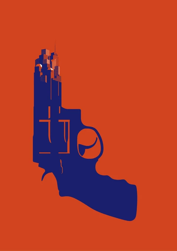 Graphic illustration of a silhouette of a gun with the barrel morphing into a cityscape.