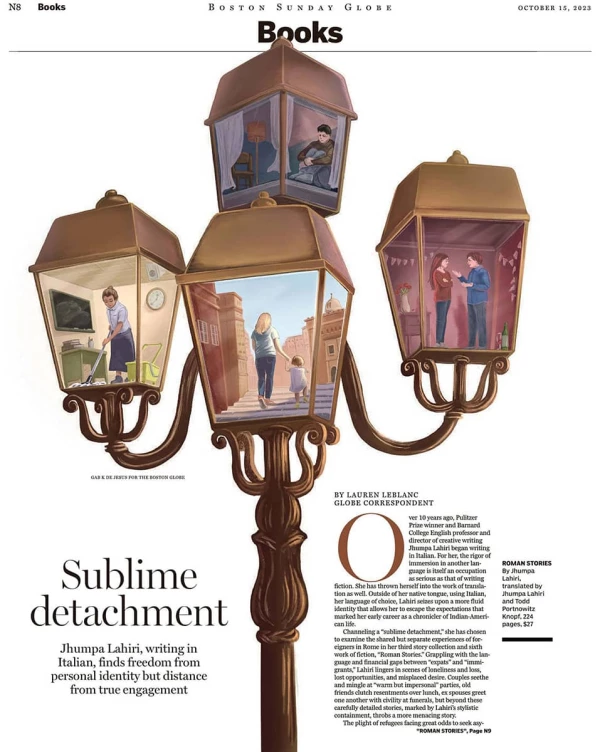 Illustration of an old-fashioned lamppost, with scenes of people inside the glass.