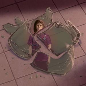 Illustration of a woman in hospital scrubs reflected in the shards of broken glass on a tiled floor.. Illustration by Gab K De Jesus, Lifestyle, Figurative, Conceptual, 