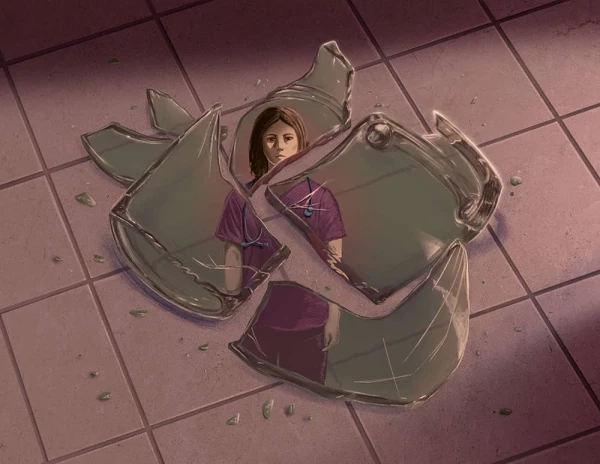 Illustration of a woman in hospital scrubs reflected in the shards of broken glass on a tiled floor.