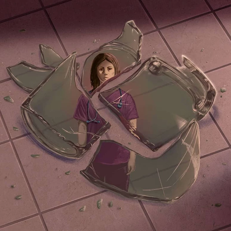 Illustration of a woman in hospital scrubs reflected in the shards of broken glass on a tiled floor.. Illustration by Gab K De Jesus, Lifestyle, Figurative, Conceptual, 