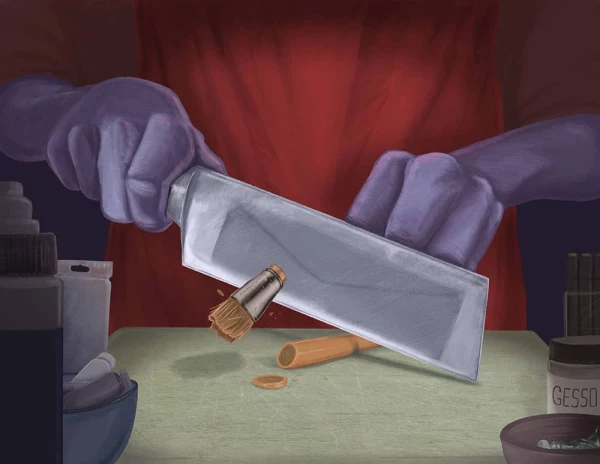 Illustration of a person using a large chef's knife to chop a painting brush.