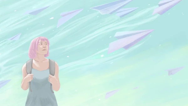 Whimisical illustration of a woman admist a swarm of paper airplanes