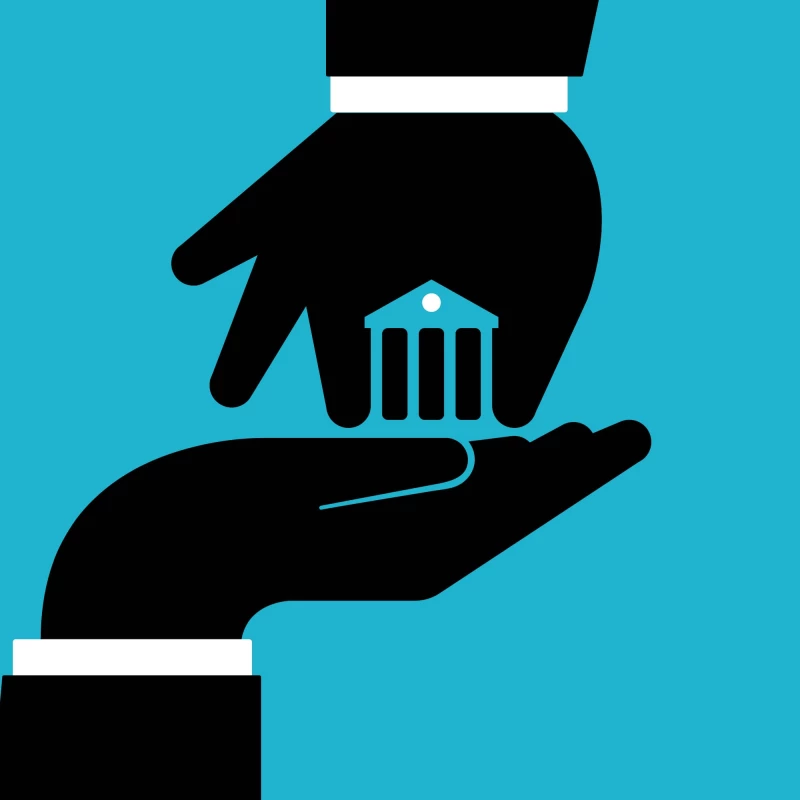 Graphic image of one hand giving another hand a small bank building. Illustration by Giulio Bonasera, Conceptual, 